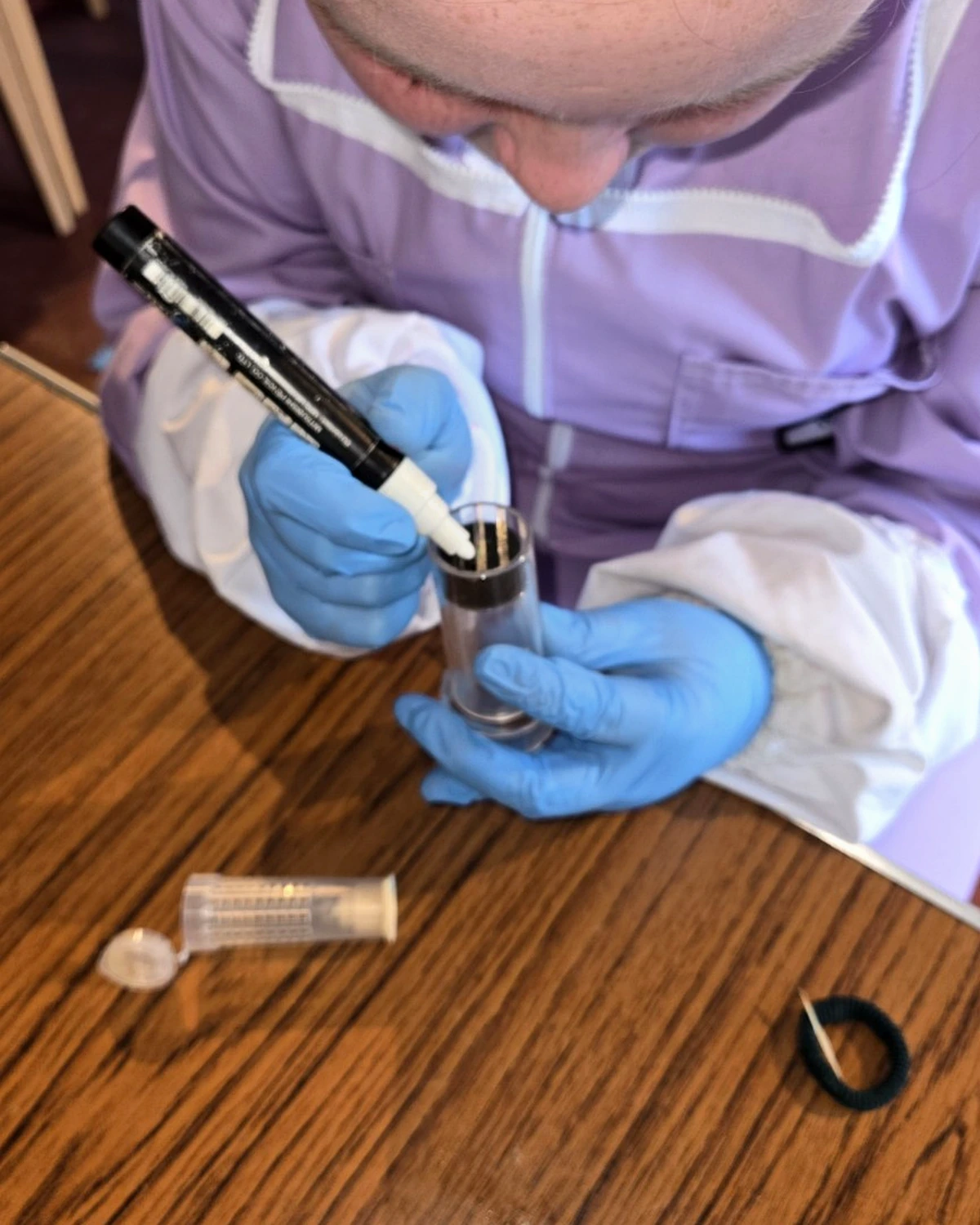 Bee Girl marking a queen bee with a white marking pen at a RANDBKA queen rearing practical session