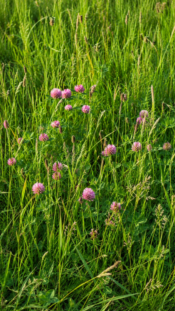 White clover and wildflowers growing in a meadow — honey plants for bees in Northern Ireland