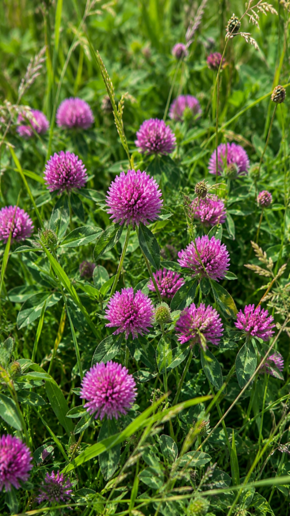 Red clover (Trifolium pratense) growing in a Northern Ireland field — looks like bee food but honey bees cannot easily access the nectar