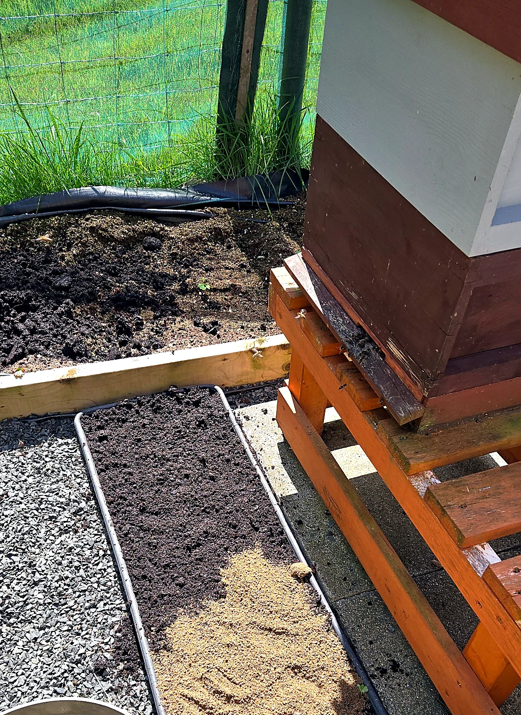 A footprint trap being built with a layer of dark soil underneath and light sand on top for clear animal prints