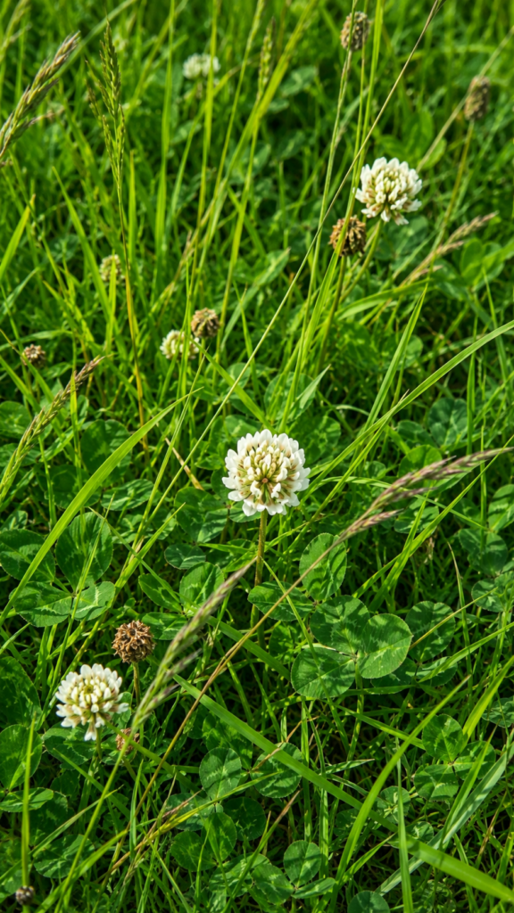 White clover growing naturally in garden lawn grass — an easy, free honey plant for bees in Northern Ireland