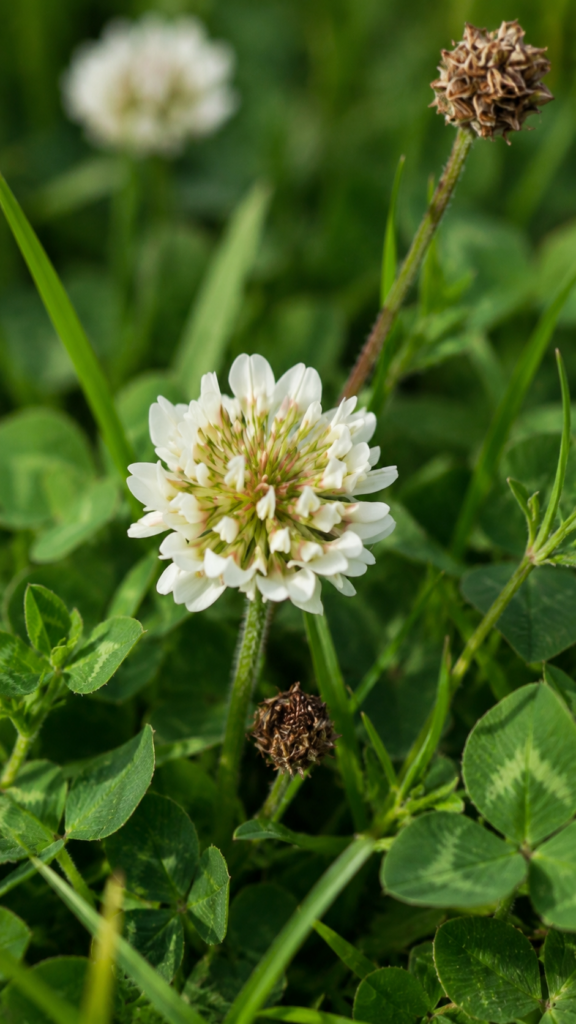 Close-up of white clover flowers (Trifolium repens) in a lawn — the best honey plant for bees in Ireland
