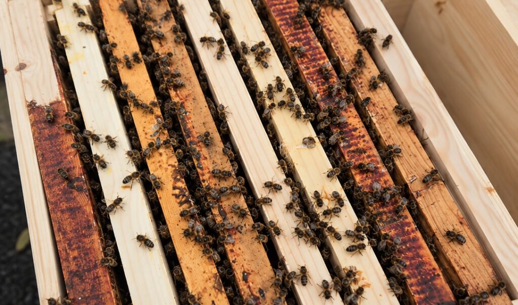 Frame top bars in the open hive, old propolis-stained frames from year one alongside new pale frames