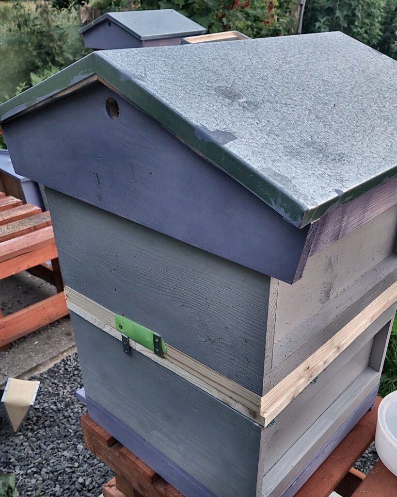 Close-up of a painted grey beehive with a weathered green roof, standing on a gravel base in the apiary garden