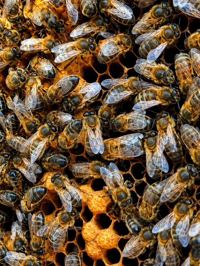Close up of bees on a frame from the queenless hive during a follow up inspection.