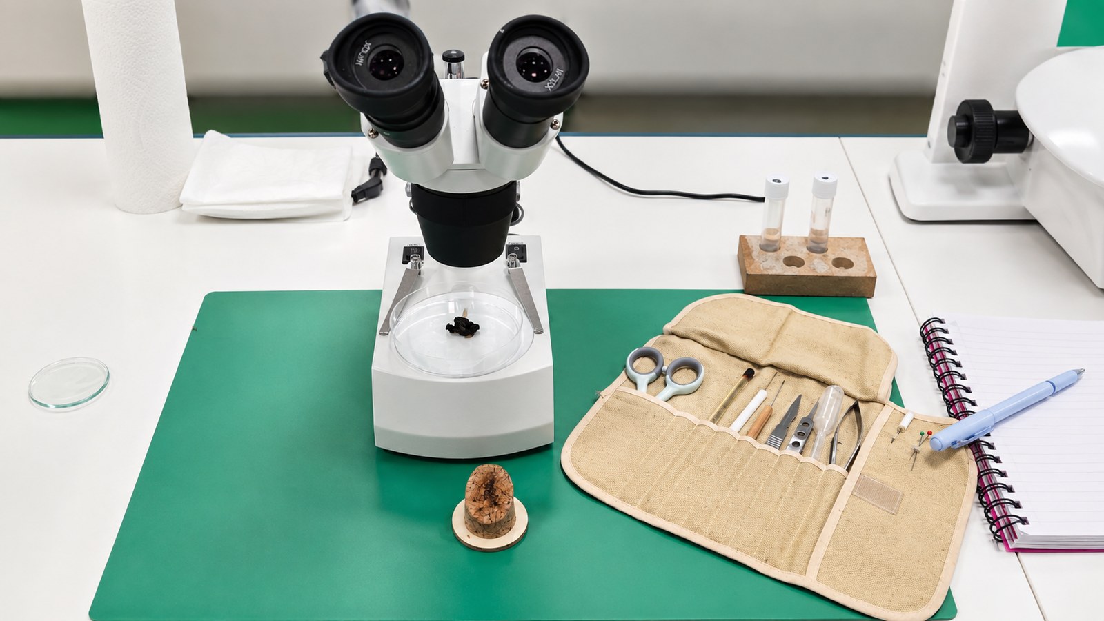 The microscopy workstation, stereo microscope, tool roll and notebook